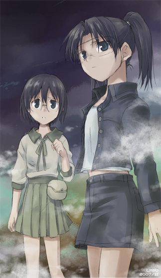 amasawa yuuko, okonogi yuuko, dennou coil, 00s, 2007, 2girls, :o, belt pouch, black hair, black skirt, blue eyes, buttons, cowboy shot, dated, glasses, green skirt, jacket, long sleeves, multiple girls, open clothes, open jacket, outdoors, parted lips, pleated skirt, pocket, ponytail, shirt, skirt, standing, unbuttoned, white shirt