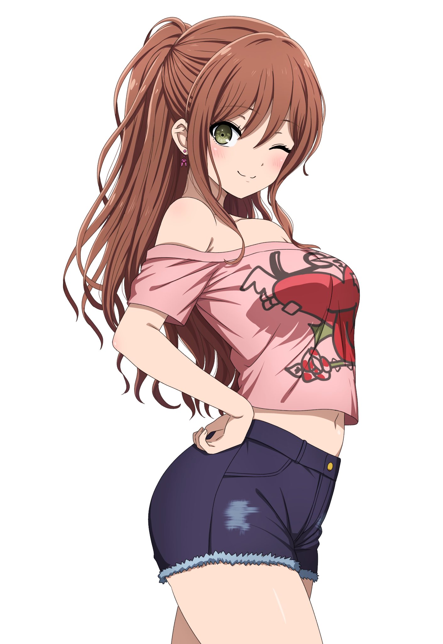 noshimurin, imai lisa, bang dream!, commentary, highres, 1girl, blue shorts, blush, breasts, brown hair, cleavage, closed mouth, earrings, green eyes, half updo, jewelry, large breasts, midriff, navel, off-shoulder shirt, off shoulder, one eye closed, pink shirt, shirt, shorts, sidelocks, simple background, solo, white background