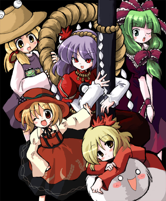 oyavun, vu (oyavun), aki minoriko, aki shizuha, kagiyama hina, moriya suwako, yasaka kanako, mountain of faith, touhou, 5girls, blonde hair, blue hair, female focus, food, front ponytail, fruit, grapes, green eyes, green hair, hair ornament, hat, leaf, leaf hair ornament, leaf on head, multiple girls, object on head, one eye closed, red eyes, rope, shimenawa, short hair, yellow eyes
