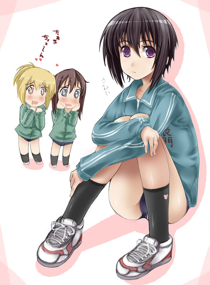 abubu, chiba kirino, kawazoe tamaki, kuwahara sayako, bamboo blade, + +, 00s, 3girls, buruma, chibi, gym uniform, multiple girls