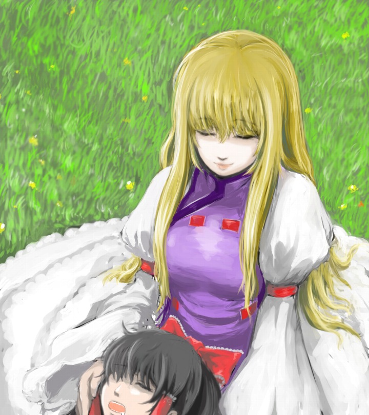 ginji (sakaki summer), hakurei reimu, yakumo yukari, touhou, 2girls, blonde hair, closed eyes, female focus, lap pillow, light smile, multiple girls, no headwear, sleeping