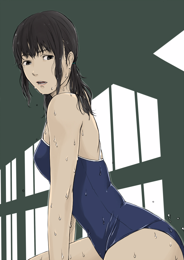 tanaka hirotaka, original, 1girl, black eyes, black hair, female focus, one-piece swimsuit, school swimsuit, solo, swimsuit, wet