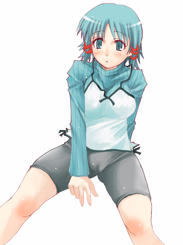 blue (ao maru), yukari, fushimi yukari, routes, 1girl, :o, arm behind back, between legs, bike shorts, black shorts, blue eyes, blue hair, blue sweater, blush, breasts, breasts squeezed together, cameltoe, covered erect nipples, female focus, hand between legs, invisible chair, long sleeves, looking at viewer, medium breasts, parted lips, ribbed sweater, short hair, shorts, simple background, sitting, solo, spread legs, sweater, tareme, white background