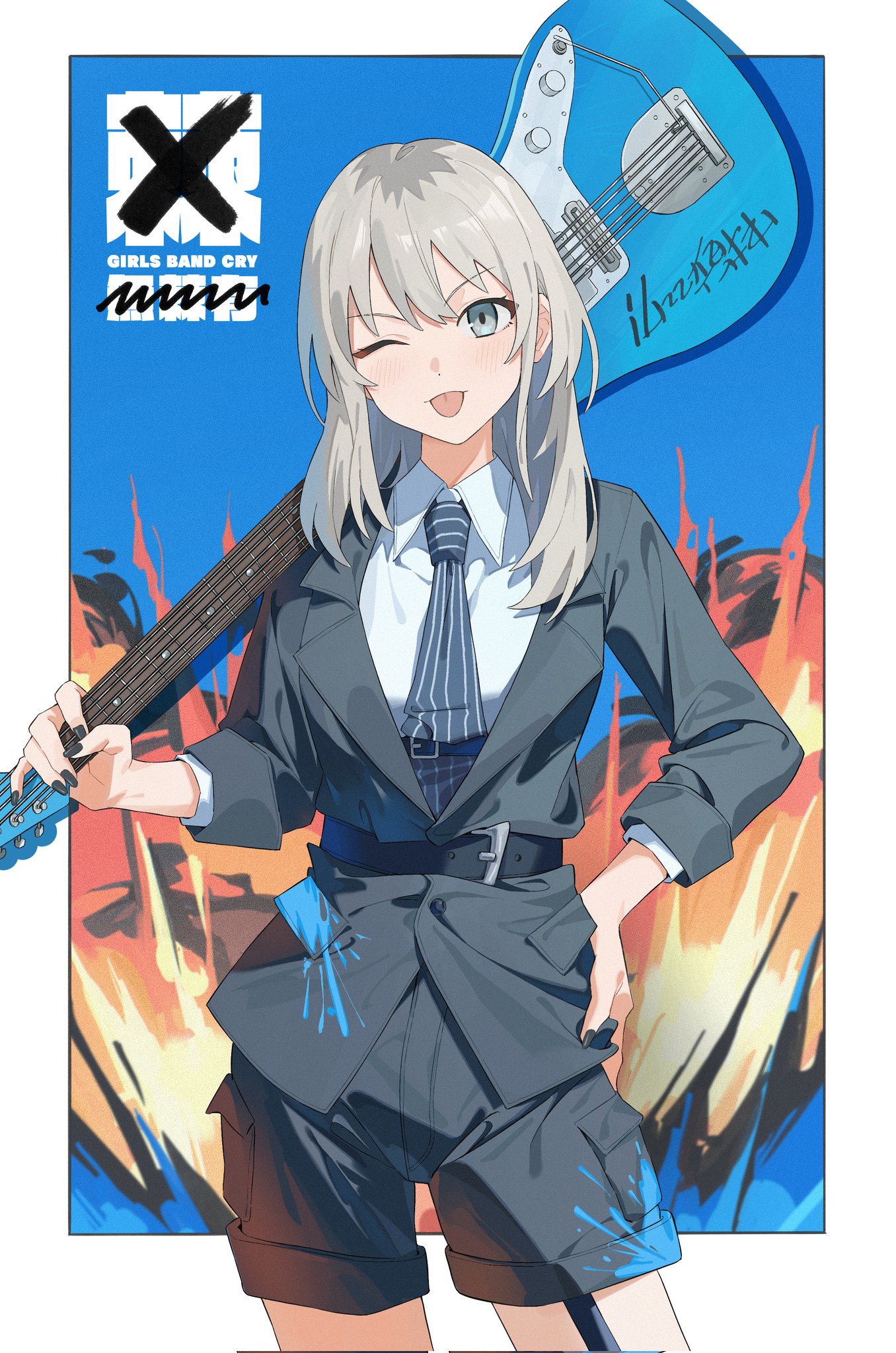 fromgod jungle, kawaragi momoka, girls band cry, commentary, corrupted twitter file, highres, symbol-only commentary, 1girl, belt, black belt, black jacket, black nails, black necktie, black shorts, electric guitar, garter straps, grey eyes, grey hair, guitar, instrument, jacket, long hair, multicolored hair, nail polish, necktie, roots (hair), shorts, solo, tongue, tongue out