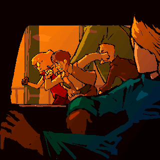 enami katsumi, donny, donny (baccano!), graham specter, jacuzzi splot, nice holystone, nick, nick (baccano!), baccano!, animated, animated gif, lowres, 00s, 1girl, 4boys, glasses, multiple boys, running