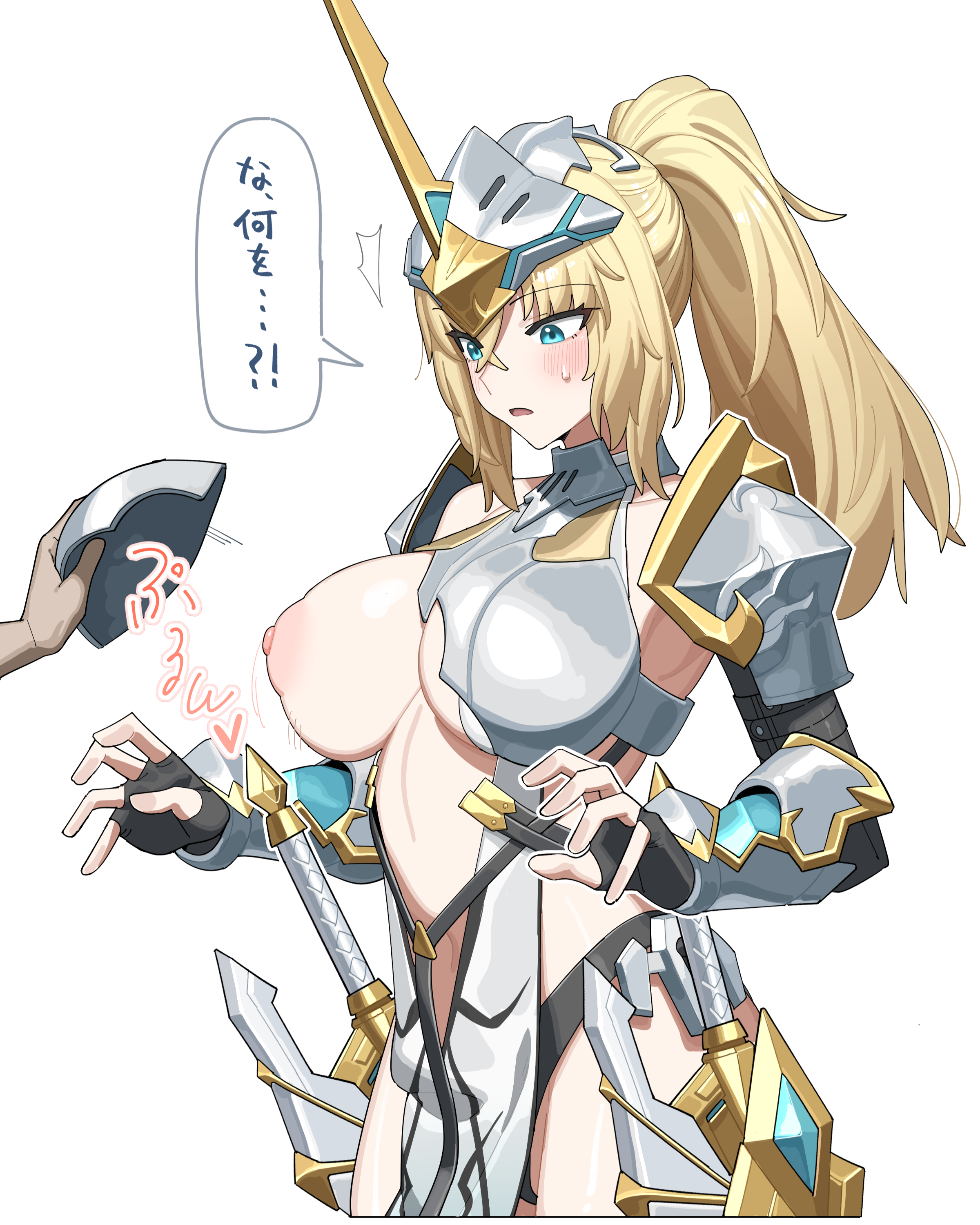 kopezo 0920 pikotan, starward, absurdres, highres, 1girl, 1other, armor, bikini armor, blonde hair, blue eyes, blush, breasts, fingerless gloves, gloves, gorget, headgear, high ponytail, lancelot (starward), large breasts, long hair, nipples, open mouth, pauldrons, pelvic curtain, ponytail, shoulder armor, sidelocks, speech bubble, sweatdrop, sword, undressing another, vambraces, weapon, white background