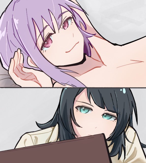 xiaowu0074, yahata umiri, yuutenji nyamu, bang dream!, bang dream! it's mygo!!!!!, chinese commentary, commentary request, 2girls, black hair, blue eyes, closed mouth, grey background, multiple girls, nude, pink eyes, purple hair, short hair, simple background