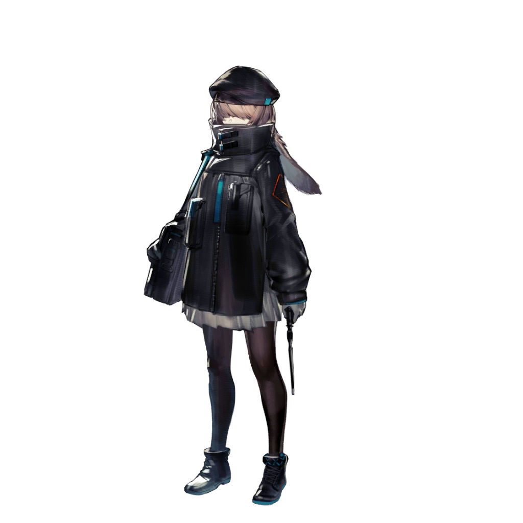 yui (niikyouzou), infection monitor (arknights), reserve operator caster (arknights), arknights, official art, third-party source, 1girl, animal ears, bag, black hat, black jacket, black pantyhose, black theme, brown hair, covered eyes, covered mouth, faceless, faceless female, full body, grey skirt, hat, holding, holding wand, jacket, long sleeves, lop rabbit ears, pantyhose, rabbit ears, rhodes island uniform, shoulder bag, simple background, skirt, solo, standing, tachi-e, transparent background, wand