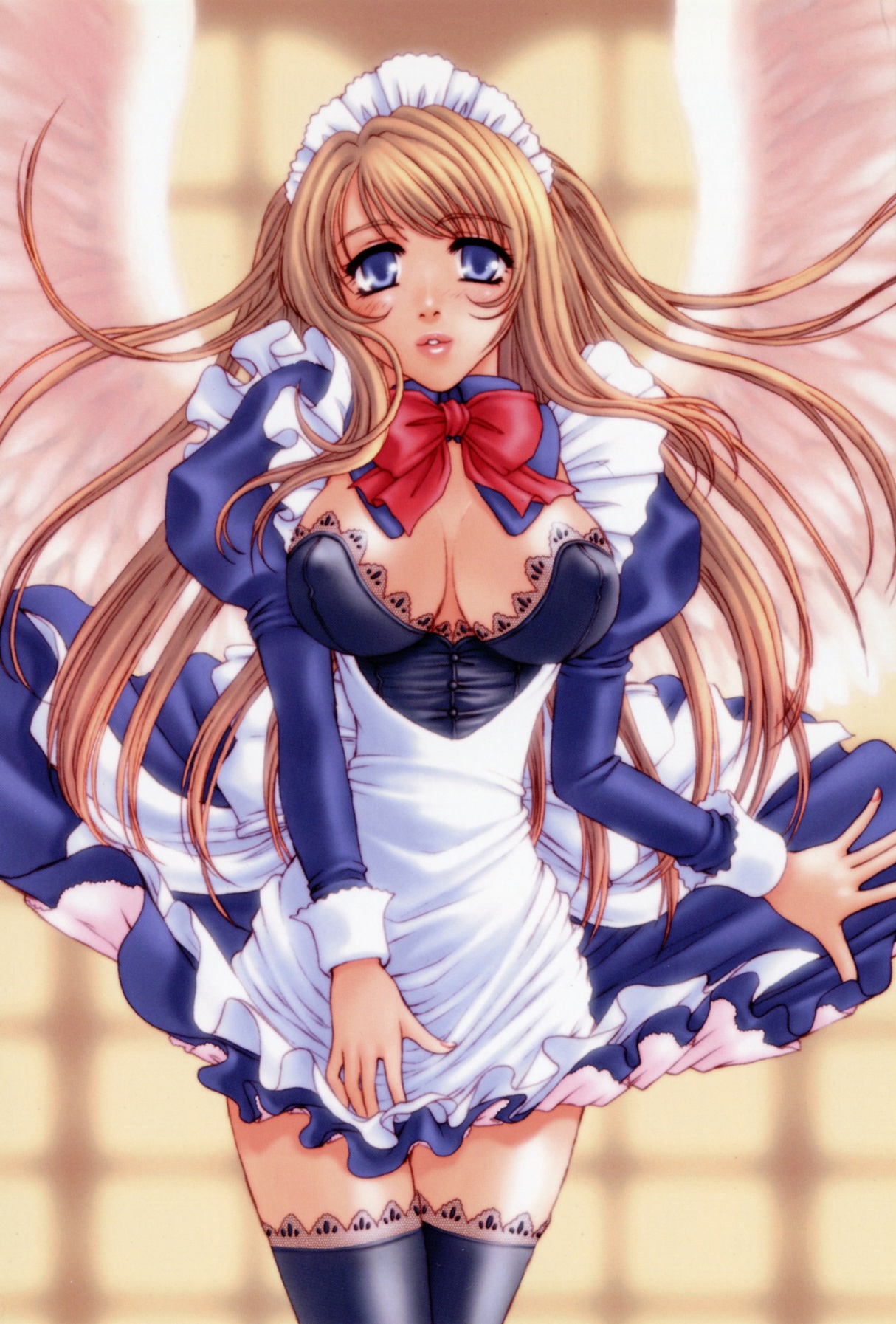 kanesada keishi, highres, tagme, 1girl, breasts, cleavage, cowboy shot, female focus, maid, solo, thighhighs