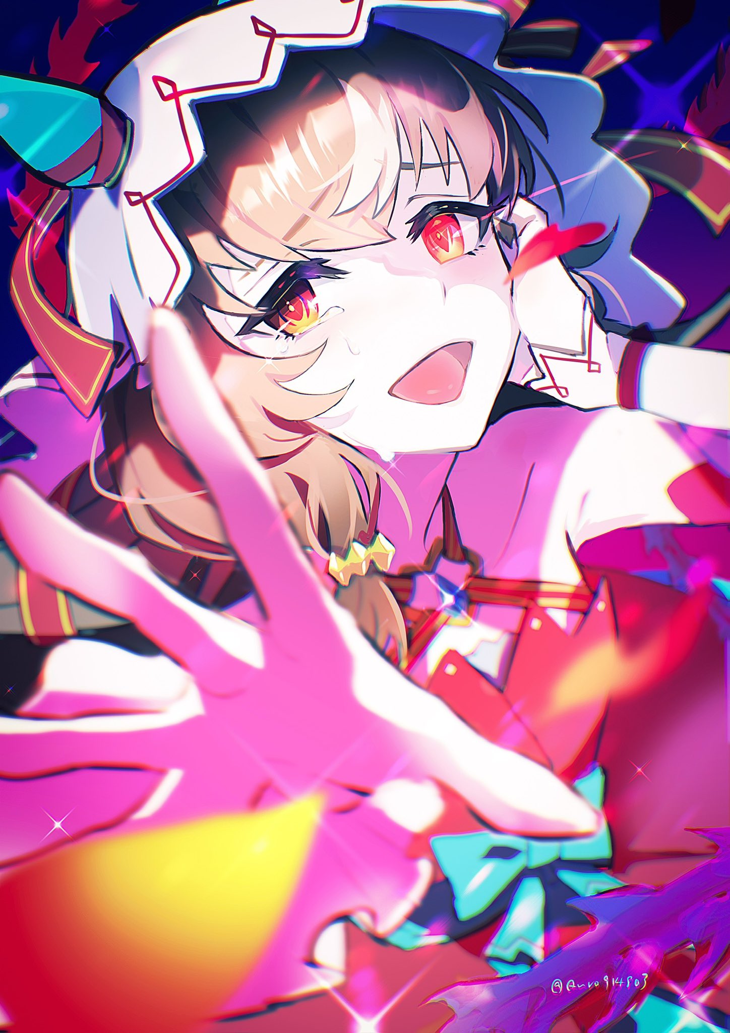 still in love (umamusume), umamusume, highres, 1girl, animal ears, brown hair, ear covers, horse ears, horse girl, looking at viewer, open mouth, outstretched hand, quro914803, reaching, reaching towards viewer, red eyes, solo, tears, twitter username, upper body