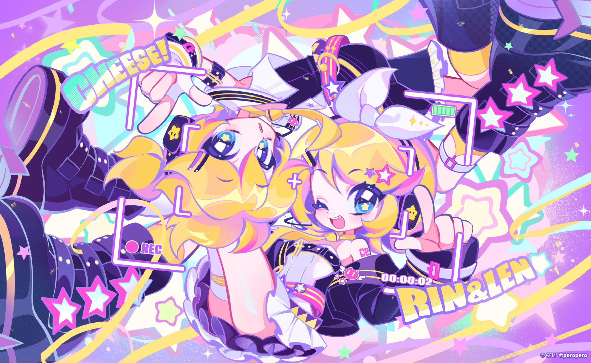 kagamine len, kagamine rin, muse dash, vocaloid, highres, 1boy, 1girl, blonde hair, blue eyes, bow, hair bow, hair ornament, hair ribbon, hairclip, headphones, looking at viewer, noriguji, open mouth, ribbon, shirt, shorts, smile, white bow