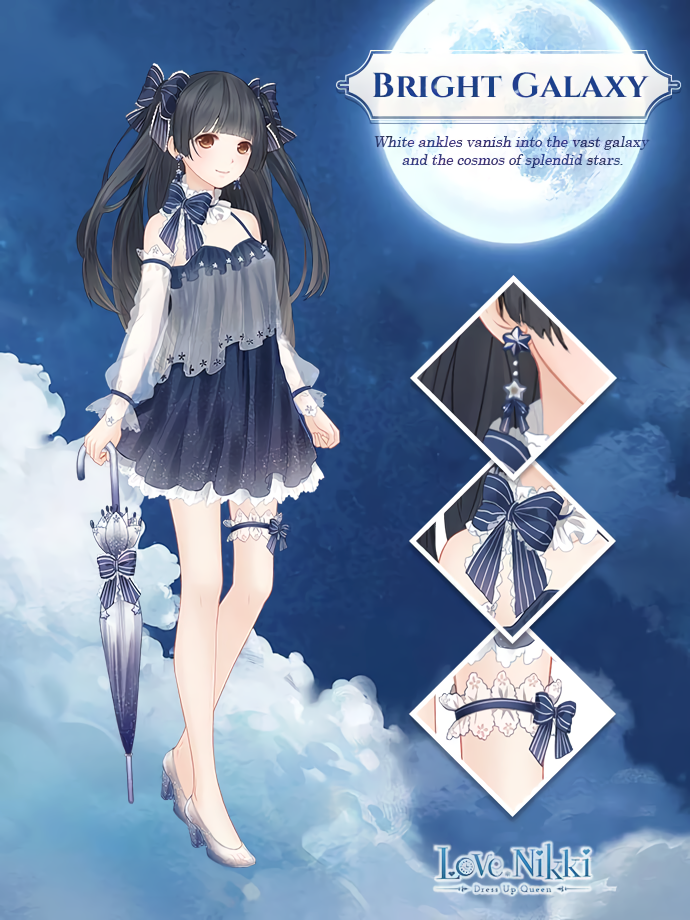 miracle nikki, nikki (series), artist request, official art, 1girl, bare legs, bare shoulders, black hair, blue bow, blue bowtie, blue choker, blue dress, blue umbrella, blunt bangs, bow, bow choker, bow legwear, bowtie, bright galaxy (miracle nikki), brown eyes, character name, choker, close-up, closed mouth, closed umbrella, cloud, copyright name, detached sleeves, dress, earrings, english text, eyelashes, frilled choker, frilled dress, frilled sleeves, frilled thigh strap, frills, full body, full moon, glitter, hair bow, happy, high heels, holding, holding umbrella, jewelry, logo, long hair, long sleeves, moon, night, night sky, outdoors, parasol, pleated dress, puffy long sleeves, puffy sleeves, see-through clothes, see-through sleeves, shoes, short dress, sky, sleeveless, sleeveless dress, smile, solo, spaghetti strap, standing, striped bow, striped bowtie, striped clothes, thigh strap, two side up, umbrella, umbrella bow, white shoes, white sleeves