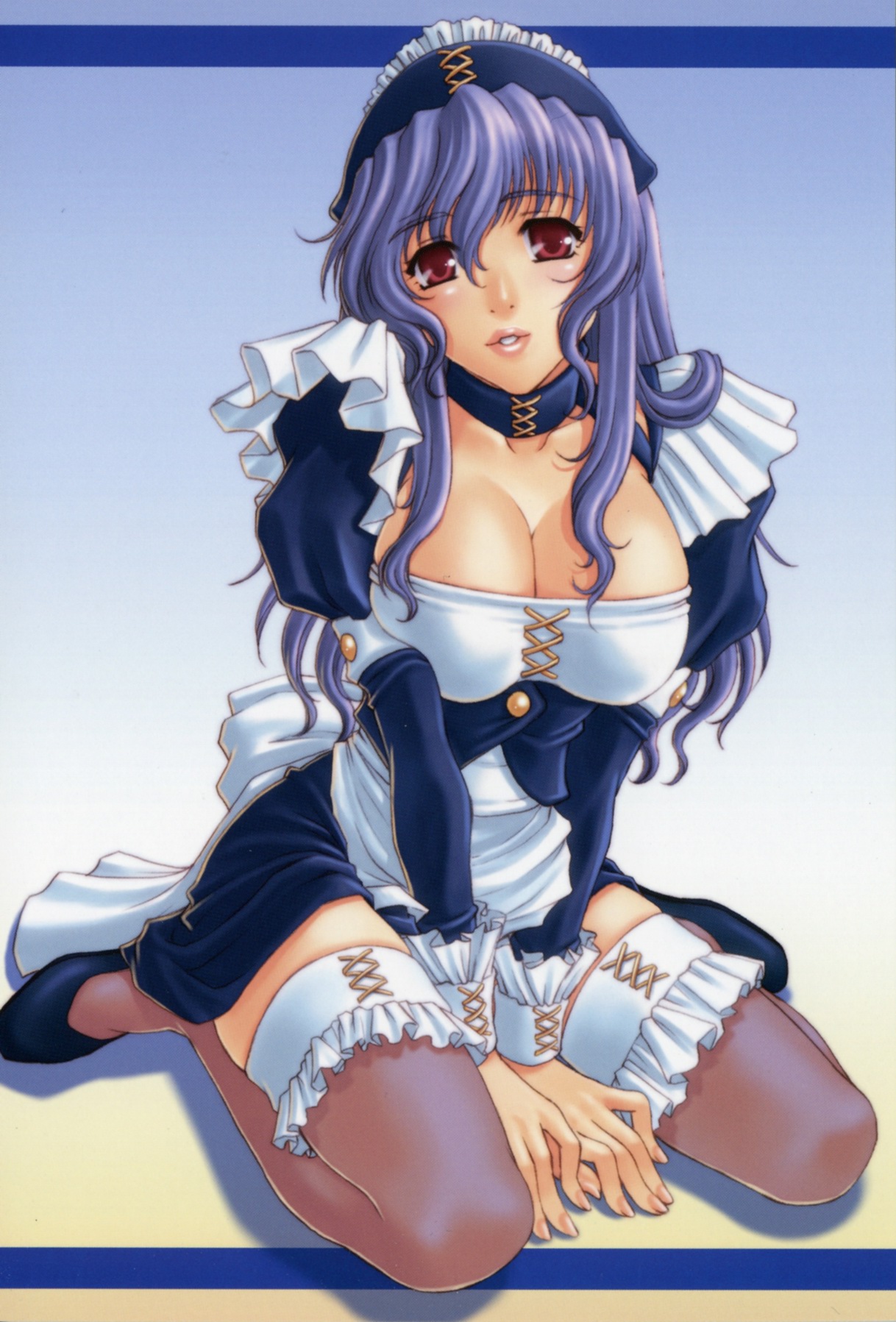 kanesada keishi, highres, 1girl, blue hair, breasts, cleavage, female focus, frilled thighhighs, frills, large breasts, lingerie, maid, red eyes, sitting, solo, thighhighs, underwear
