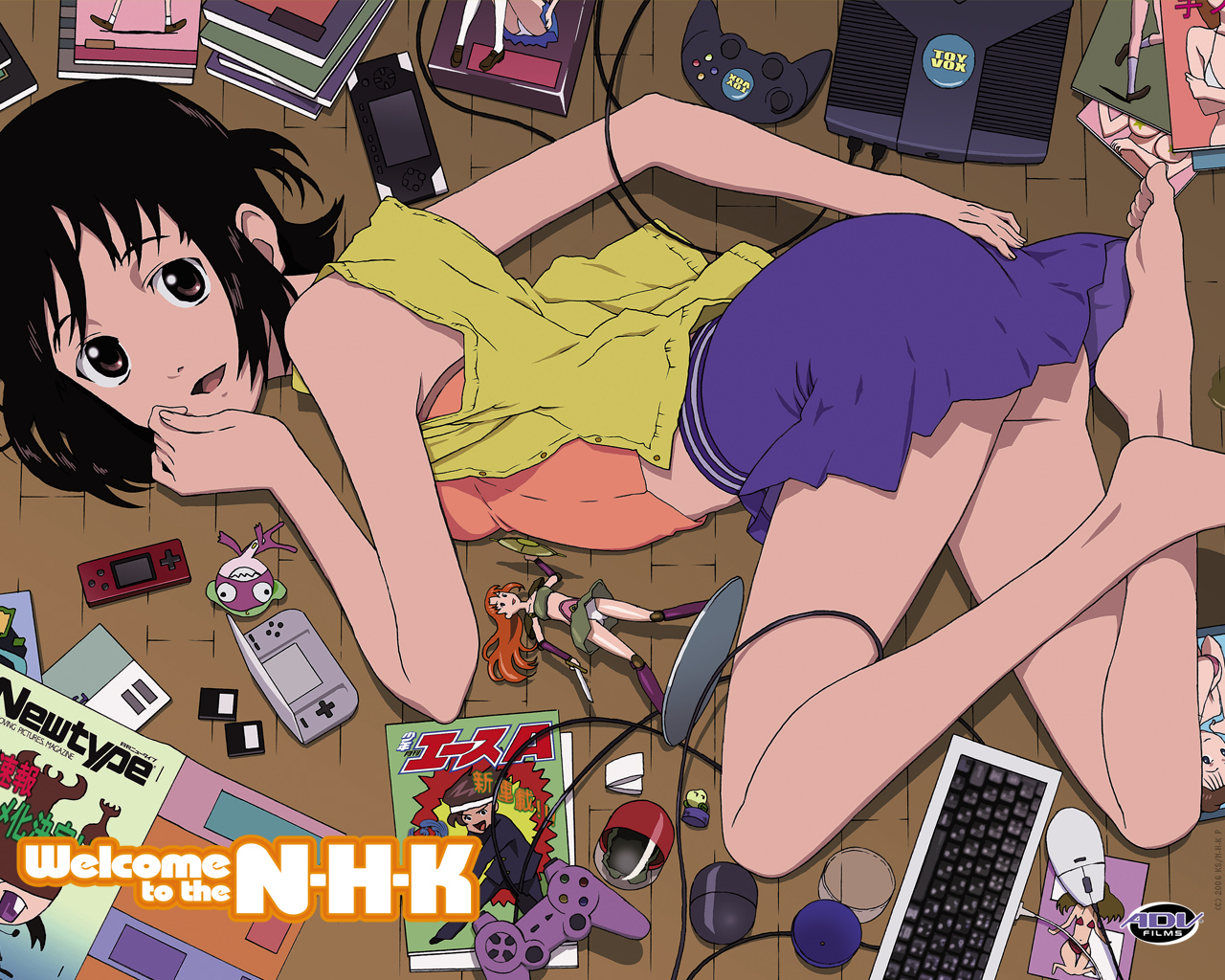 ishihama masashi, nakahara misaki, nhk ni youkoso!, official art, 00s, 1girl, ass peek, barefoot, computer keyboard, feet, female focus, figure, frilled skirt, frills, game boy micro, game console, handheld game console, legs, long legs, nintendo ds, short hair, skirt, solo, watermark, xbox (original)