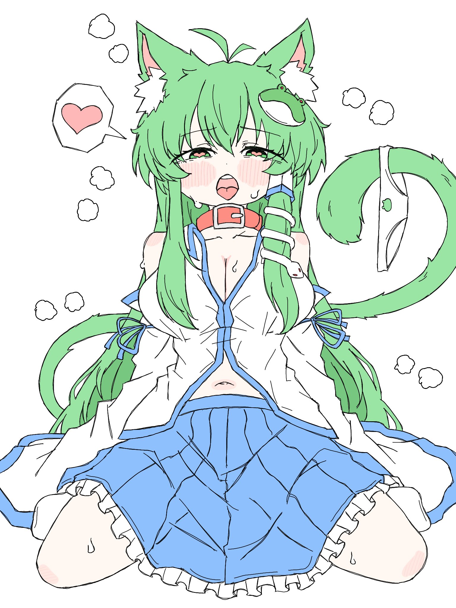 fumomono, kochiya sanae, touhou, highres, 1girl, ahoge, animal ears, blue skirt, blush, breasts, cat ears, cat girl, cat tail, collar, frog hair ornament, green eyes, green hair, hair ornament, hair tubes, large breasts, long hair, long sleeves, open mouth, single hair tube, skirt, snake, snake hair ornament, solo, tail
