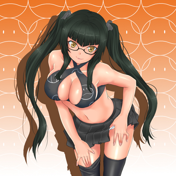 rokuichi, wang liu mei, gundam, gundam 00, 00s, 1girl, breasts, female focus, glasses, large breasts, long hair, miniskirt, panties, panty pull, skirt, solo, thighhighs, twintails, underwear, yellow eyes