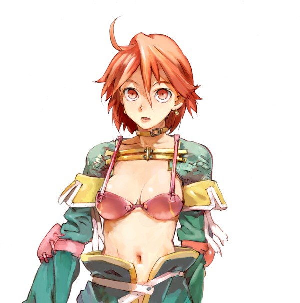 toi8, revya (female), nippon ichi, soul cradle, official art, 1girl, :o, ahoge, belt, bra, breasts, cleavage, collar, crop top, earrings, elbow pads, female focus, groin, jewelry, lingerie, lipstick, looking at viewer, makeup, midriff, navel, no panties, open mouth, orange eyes, orange hair, pink bra, red hair, ribbon, short hair, simple background, solo, surprised, underwear, upper body