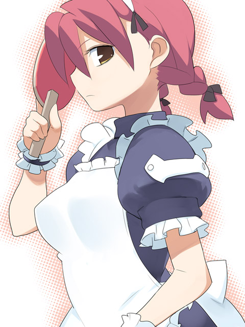 nora higuma, original, 1girl, braid, breasts, female focus, hair ribbon, maid, paddle, pink hair, profile, ribbon, solo, table tennis, table tennis paddle, twin braids, yellow eyes