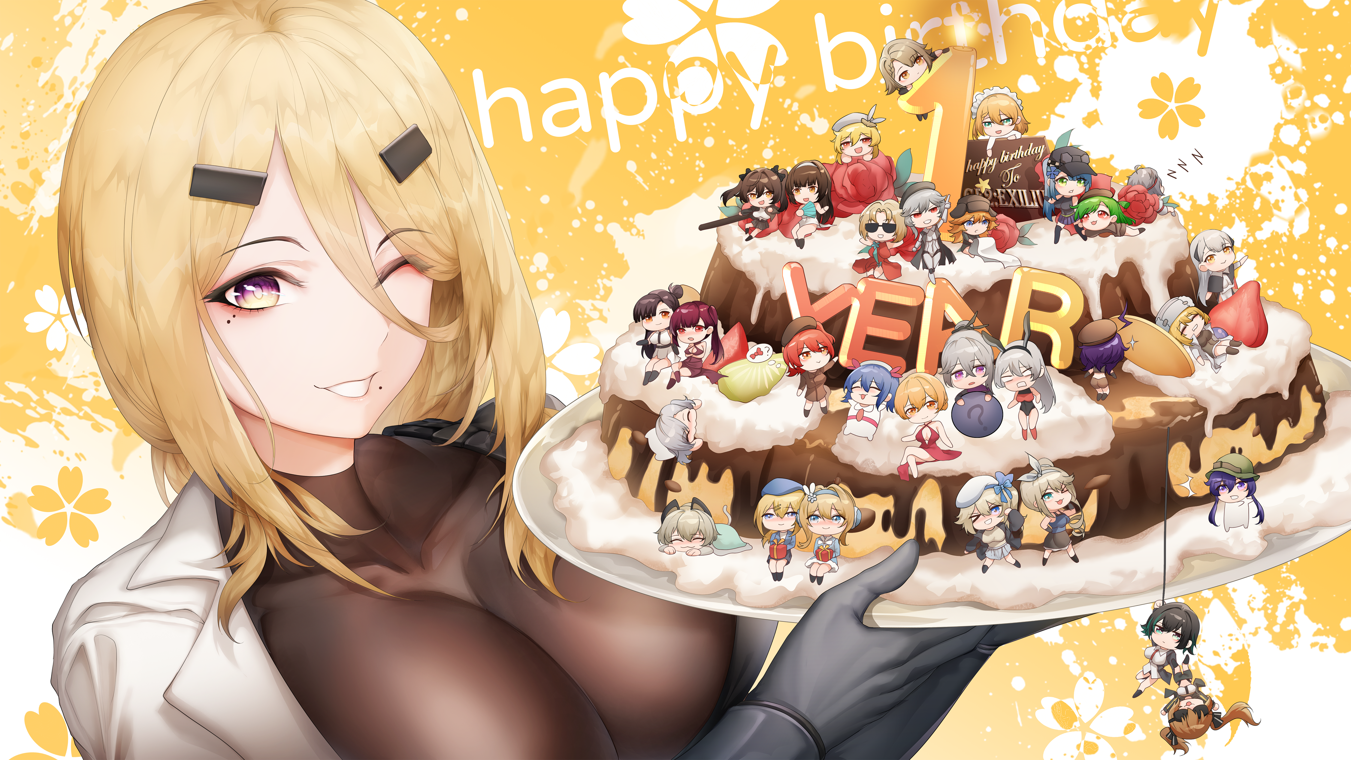 thatob, ak-alfa (girls' frontline), andoris (girls' frontline 2), belka (girls' frontline 2), centaureissi (girls' frontline 2), cheeta (girls' frontline 2), colphne (girls' frontline 2), daiyan (girls' frontline 2), dushevnaya (girls' frontline 2), g11 (girls' frontline), g28 (girls' frontline), g36 (girls' frontline), groza (girls' frontline 2), hk416 (girls' frontline), jiangyu (girls' frontline 2), klukai (girls' frontline 2), krolik (girls' frontline 2), ksenia (girls' frontline 2), ksvk (girls' frontline), lenna (girls' frontline 2), littara (girls' frontline 2), lotta (girls' frontline 2), makiatto (girls' frontline 2), mechty (girls' frontline 2), mosin-nagant (girls' frontline), mosin-nagant (girls' frontline 2), mp7 (girls' frontline), nagant (girls' frontline 2), nagant revolver (girls' frontline), nemesis (girls' frontline 2), ots-14 (girls' frontline), papasha (girls' frontline 2), peritya (girls' frontline 2), ppsh-41 (girls' frontline), qbz-191 (girls' frontline), qiongjiu (girls' frontline 2), sabrina (girls' frontline 2), sharkry (girls' frontline 2), spas-12 (girls' frontline), stechkin (girls' frontline), suomi (girls' frontline), suomi (girls' frontline 2), tololo (girls' frontline 2), type 95 (girls' frontline), type 97 (girls' frontline), ullrid (girls' frontline 2), ump9 (girls' frontline), vector (girls' frontline), vector (girls' frontline 2), vepley (girls' frontline 2), wa2000 (girls' frontline), wkp (girls' frontline), zhaohui (girls' frontline 2), girls' frontline, girls' frontline 2: exilium, absurdres, chinese commentary, commentary, highres, animal ears, anniversary, aqua eyes, baseball cap, beret, black bodysuit, black hair, blonde hair, blue eyes, blue hair, blush, bodysuit, bow, breasts, brown hair, cake, chibi, cleavage, closed eyes, closed mouth, collarbone, fake animal ears, floral background, flower, food, fruit, fur hat, gloves, green eyes, green hair, grey gloves, grey hair, hair bow, hair bun, hair flower, hair ornament, hair ribbon, hairband, hairclip, happy birthday, hat, holding, holding cake, holding food, long hair, looking at viewer, medium breasts, medium hair, mole, mole under eye, mole under mouth, multicolored eyes, multiple girls, one eye closed, open clothes, open mouth, open robe, orange eyes, orange hair, papakha, parted lips, purple eyes, purple hair, rabbit ears, red eyes, red hair, ribbon, robe, short hair, side ponytail, sidelocks, smile, sunglasses, twintails, upper body, white robe, yellow background, yellow eyes