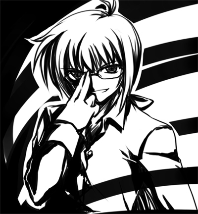 kusakami akira, yuuno scrya, lyrical nanoha, mahou shoujo lyrical nanoha, mahou shoujo lyrical nanoha strikers, lowres, 00s, 1boy, adjusting eyewear, buttons, clenched teeth, glasses, greyscale, hood, hood down, hooded jacket, jacket, looking at viewer, male focus, monochrome, ponytail, rimless eyewear, solo, teeth, upper body
