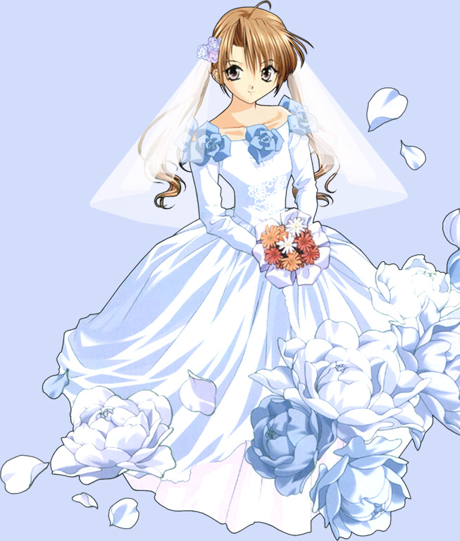 sakuya (sister princess), sister princess, 00s, 1girl, ahoge, bare shoulders, blue background, bouquet, bride, brown hair, collarbone, dress, female focus, flower, holding, long dress, long hair, long sleeves, looking at viewer, simple background, solo, twintails, veil, wedding dress, white dress