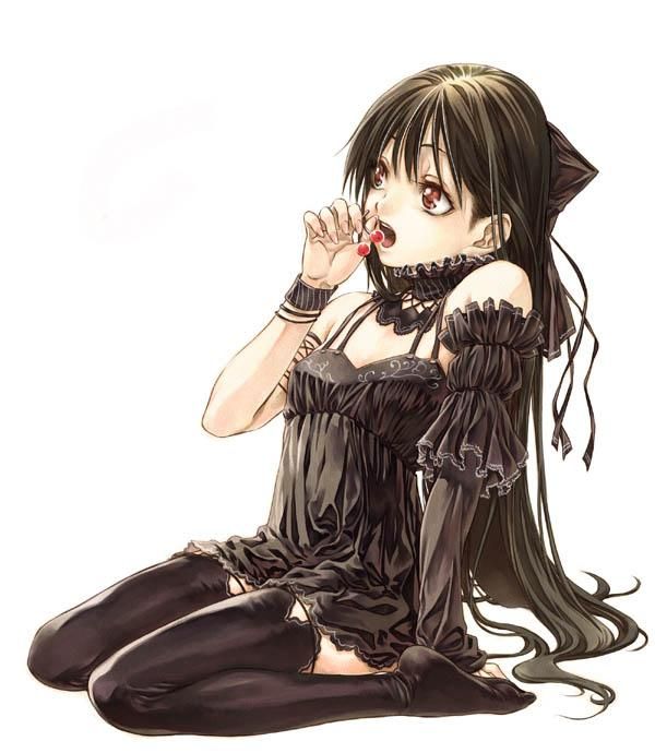 miura yui, duplicate, 1girl, black hair, cherry, choker, detached sleeves, female focus, food, fruit, long hair, red eyes, solo, thighhighs