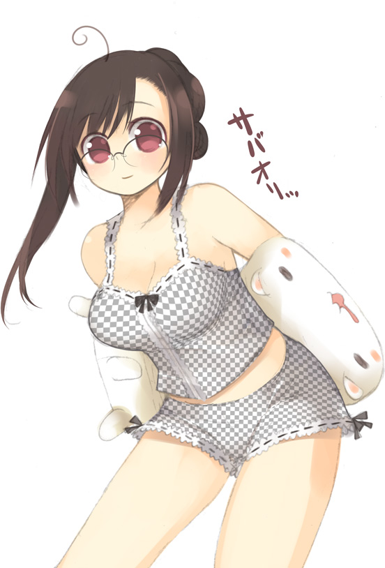 kashiwamochi yomogi, arima senne, original, duplicate, source request, 1girl, blush, breasts, brown hair, bustier, cleavage, curvy, female focus, glasses, hair up, large breasts, lingerie, panties, pillow, red eyes, smile, solo, underwear