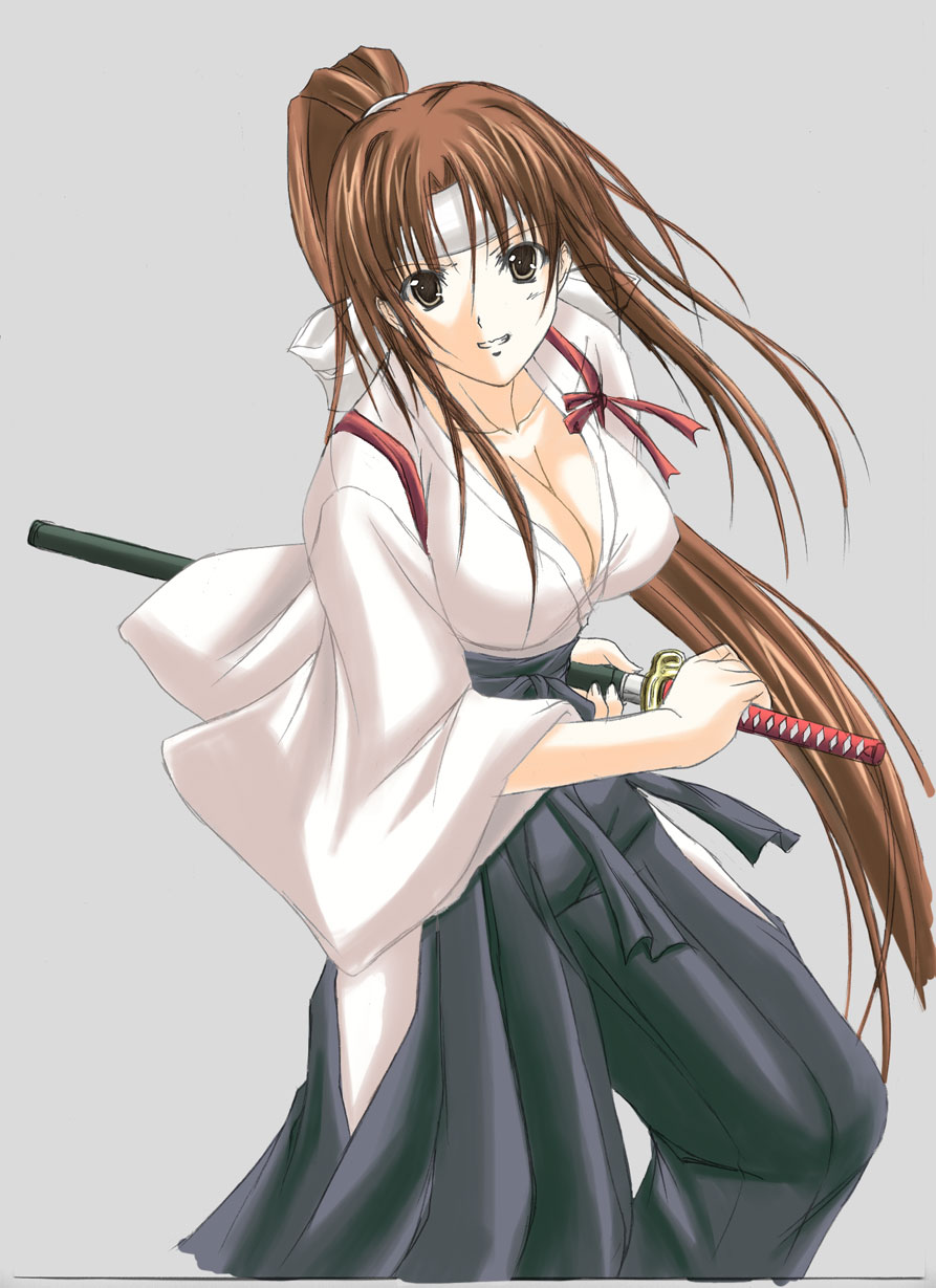 highres, 1girl, black eyes, breasts, brown hair, cleavage, female focus, hakama, hakama skirt, haori, headband, japanese clothes, katana, large breasts, long hair, skirt, solo, sword, tasuki, weapon