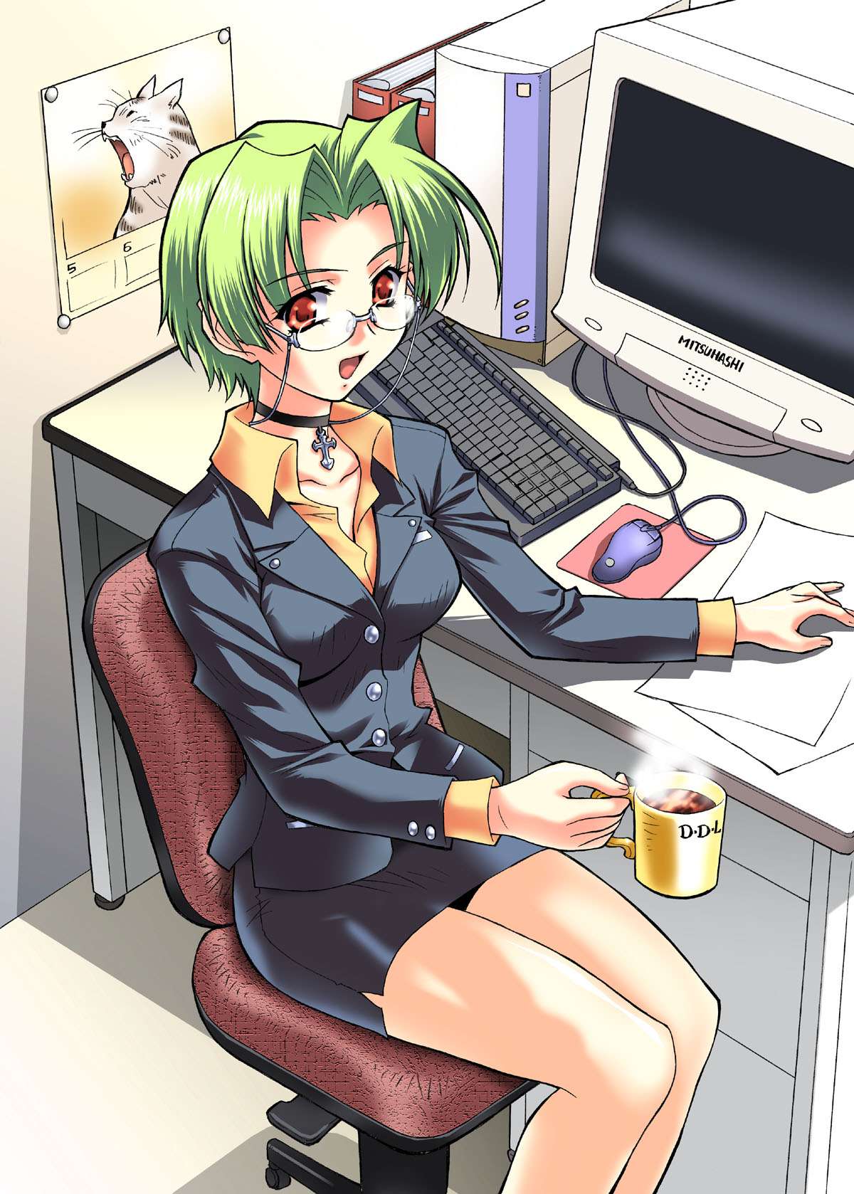 highres, 1girl, business suit, chair, choker, coffee, computer, computer keyboard, cross, cross choker, cross necklace, desk, female focus, formal clothes, glasses, green hair, indoors, jewelry, latin cross, looking at viewer, miniskirt, necklace, office lady, on chair, open mouth, orange eyes, pencil skirt, short hair, skirt, skirt suit, smile, solo, suit