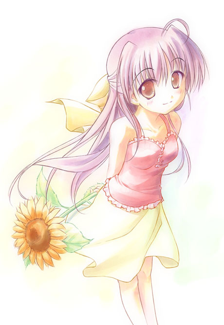 takoyaki (roast), hinata natsumi (sharin no kuni), sharin no kuni himawari no shoujo, 1girl, ahoge, brown eyes, female focus, flower, half updo, long hair, purple hair, skirt, solo, sunflower