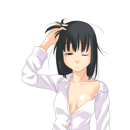 toshifumi, nijou noriko, maria-sama ga miteru, lowres, 00s, 1girl, dress shirt, female focus, messy hair, one eye closed, shirt, sleepy, solo, tears, unbuttoned