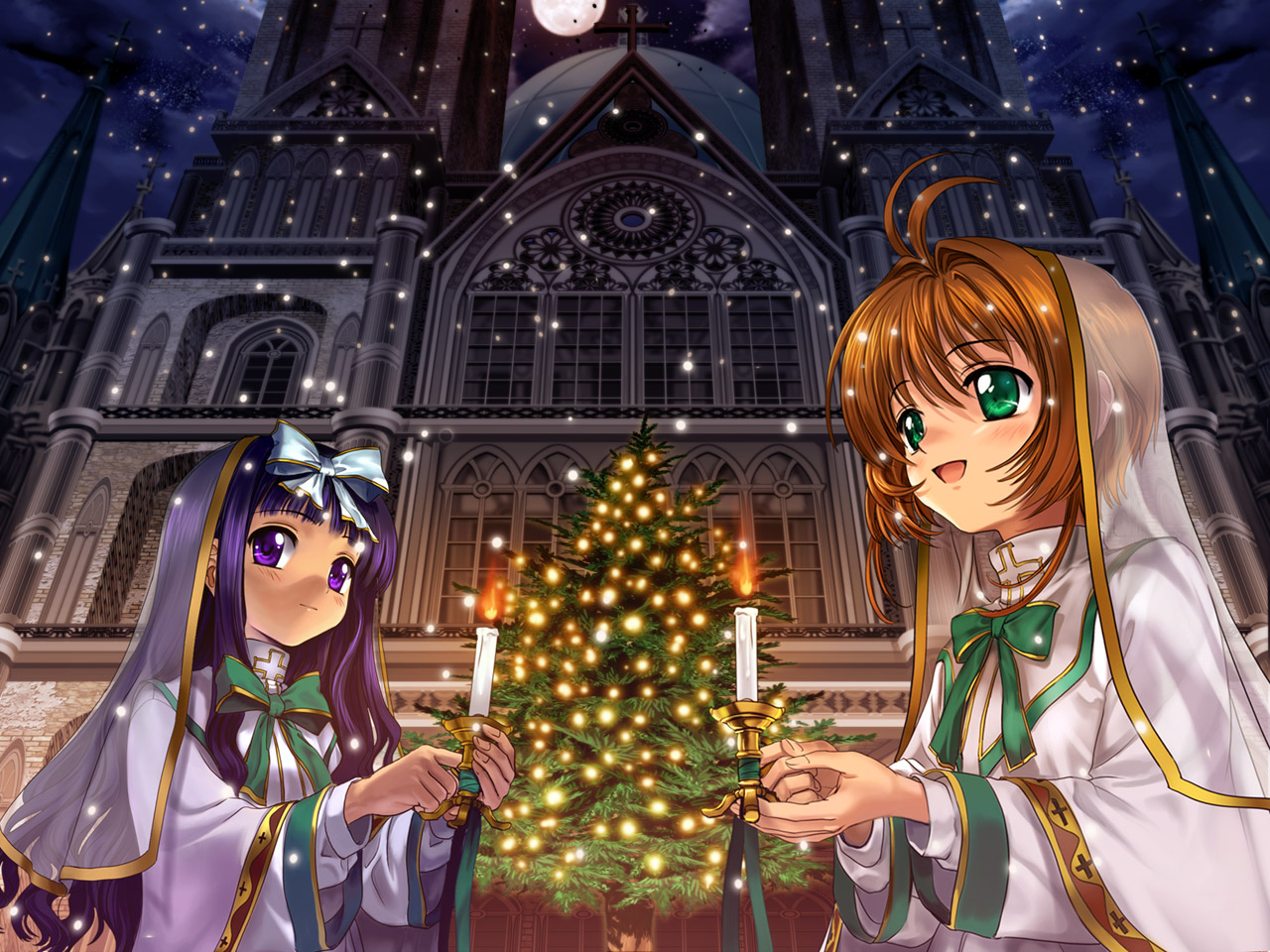 mutsuki (moonknives), daidouji tomoyo, kinomoto sakura, cardcaptor sakura, kodansha, 1990s (style), 2girls, antenna hair, architecture, brown hair, candle, candlestand, child, christmas, christmas tree, church, gothic architecture, green eyes, multiple girls, open mouth, outdoors, own hands together, purple eyes, purple hair, retro artstyle, see-through clothes, short hair with long locks, snow, snowing, wavy hair
