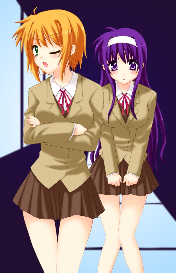 saki chisuzu, arisa bunnings, tsukimura suzuka, lyrical nanoha, mahou shoujo lyrical nanoha, mahou shoujo lyrical nanoha strikers, 00s, 2girls, blonde hair, blue eyes, blush, female focus, green eyes, hairband, long hair, multiple girls, one eye closed, purple eyes, purple hair, school uniform, serafuku, shadow, short hair, skirt, standing, window, wink