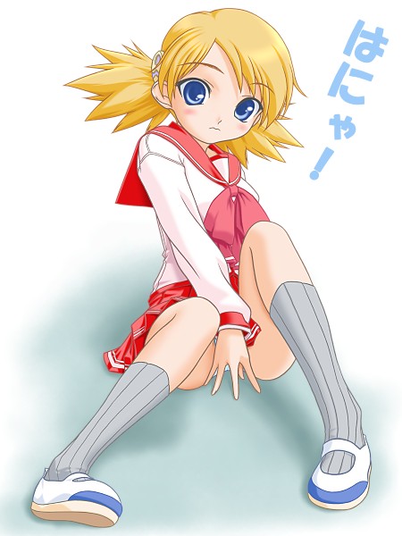 t2r, sasamori karin, to heart (series), to heart 2, eyebrows, ribbed legwear, !, 00s, 1girl, 3:, blonde hair, blue eyes, blush, bow, bowtie, covering crotch, covering privates, female focus, full body, hair ornament, kneehighs, long hair, long sleeves, miniskirt, panties, pantyshot, ribbed socks, school uniform, serafuku, shoes, sitting, skirt, socks, solo, swept bangs, text focus, twintails, underwear, upskirt, uwabaki