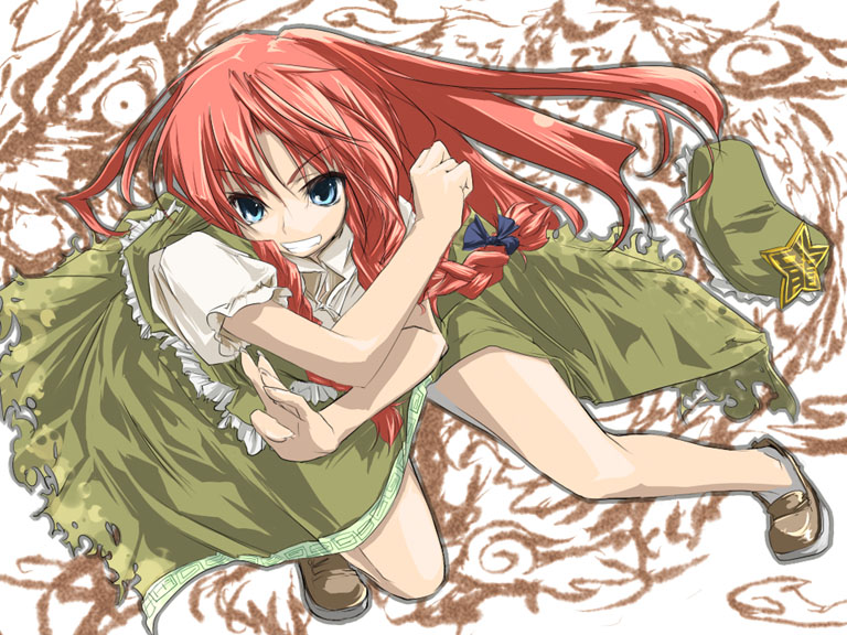 sanoharu, hong meiling, immaterial and missing power, touhou, 1girl, bare legs, beret, blue eyes, bow, braid, dragon, female focus, fighting stance, full body, grin, hair bow, hat, long hair, red hair, shoes, short sleeves, side slit, smile, solo, star (symbol), torn clothes, twin braids, unworn hat, unworn headwear, white background