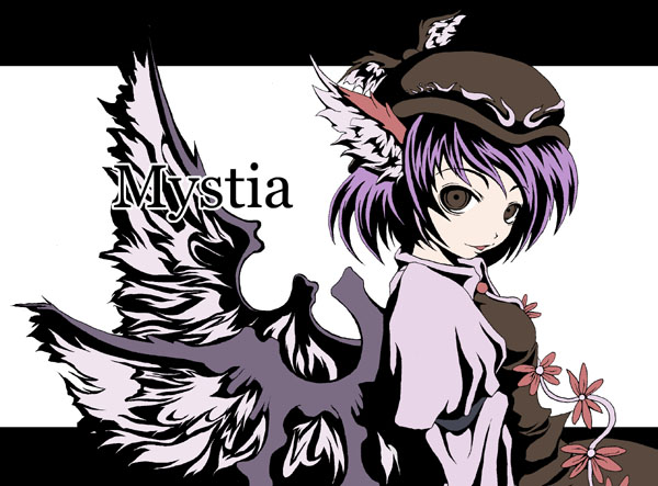 sai (monochronique), mystia lorelei, touhou, 1girl, animal ears, black eyes, brown hair, female focus, hat, pink hair, purple hair, solo, wings