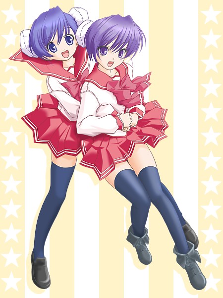 t2r, himeyuri ruri, himeyuri sango, to heart (series), to heart 2, 00s, bun cover, double bun, hair bun, thighhighs