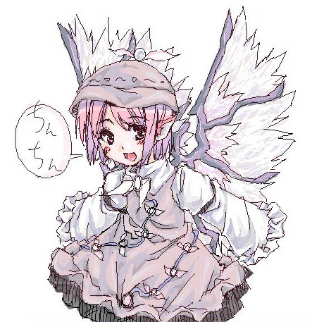 mystia lorelei, touhou, lowres, 1girl, animal ears, blush, dress, female focus, hat, oekaki, pink eyes, pink hair, short hair, solo, wings
