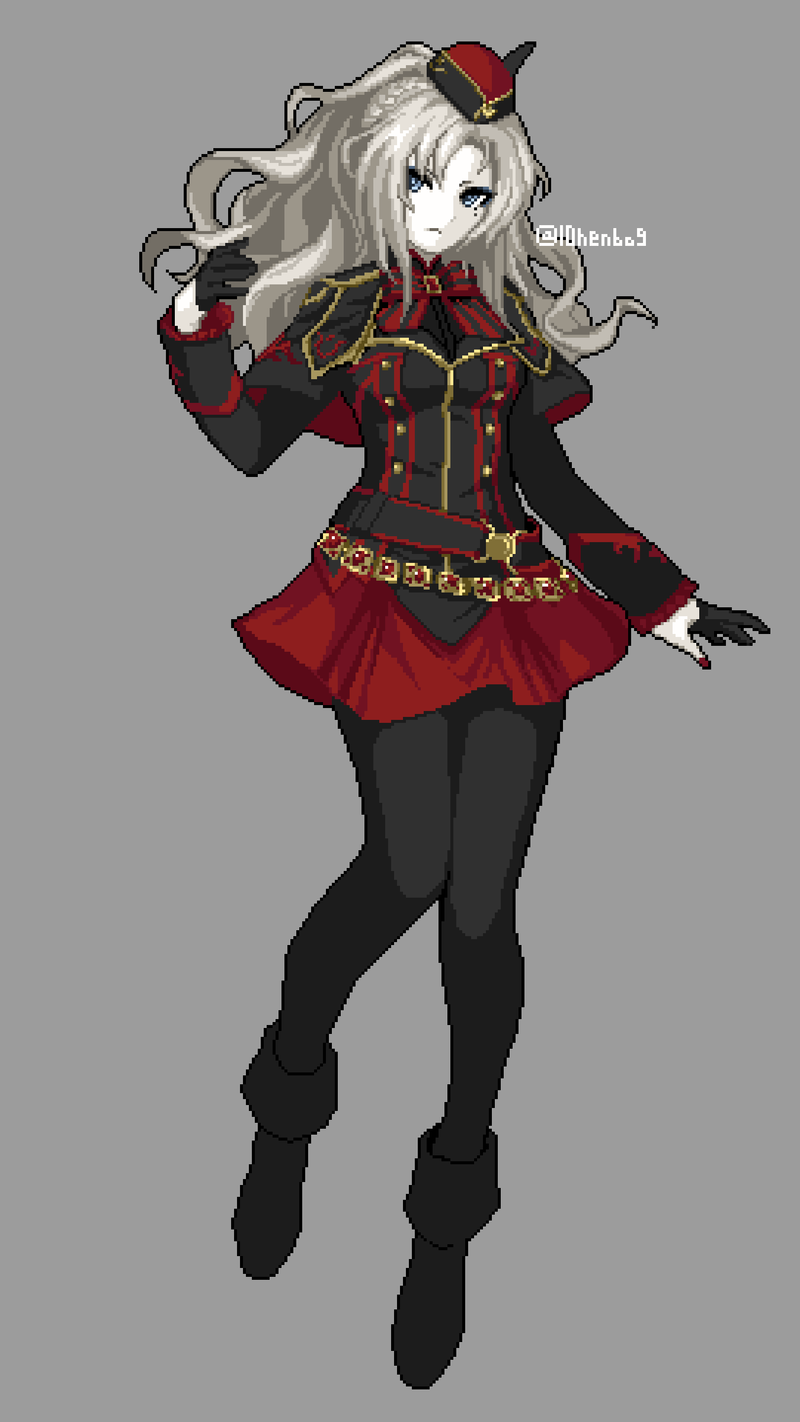kriemhild (fate), kriemhild (second ascension) (fate), fate/grand order, fate (series), absurdres, highres, 1girl, ankle boots, arm at side, belt, belt buckle, black belt, black boots, black bow, black bowtie, black capelet, black gloves, black hat, black jacket, black pantyhose, blue eyes, boots, bow, bowtie, braid, buckle, buttons, capelet, chain, chain belt, collared jacket, crown braid, double-breasted, dress, facing viewer, full body, garrison cap, gem, gloves, gold buckle, gold buttons, gold chain, grey background, grey hair, half gloves, hand in own hair, hat, hat feather, jacket, knees together feet apart, light frown, long hair, long sleeves, looking at viewer, mole, mole under eye, multicolored jacket, nail polish, pale skin, pantyhose, pixel art, plain epaulettes, red belt, red bow, red bowtie, red gemstone, red hat, red jacket, red lining, red nails, red skirt, seiniku (10henbo9), simple background, skirt, solo, standing, striped bow, striped bowtie, striped clothes, two-tone belt, two-tone bow, two-tone bowtie, two-tone hat, two-tone jacket, v-shaped eyebrows