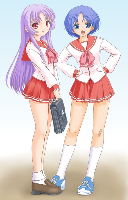 t2r, himekawa kotone, matsubara aoi, to heart, to heart (series), white legwear, 2girls, :d, blue eyes, blue hair, blush, breasts, briefcase, contrapposto, holding, kneehighs, loafers, long hair, long sleeves, looking at viewer, multiple girls, open mouth, pink hair, pleated skirt, red eyes, red skirt, school briefcase, school uniform, serafuku, shirt, shoes, short hair, skirt, small breasts, smile, sneakers, socks, standing, white shirt