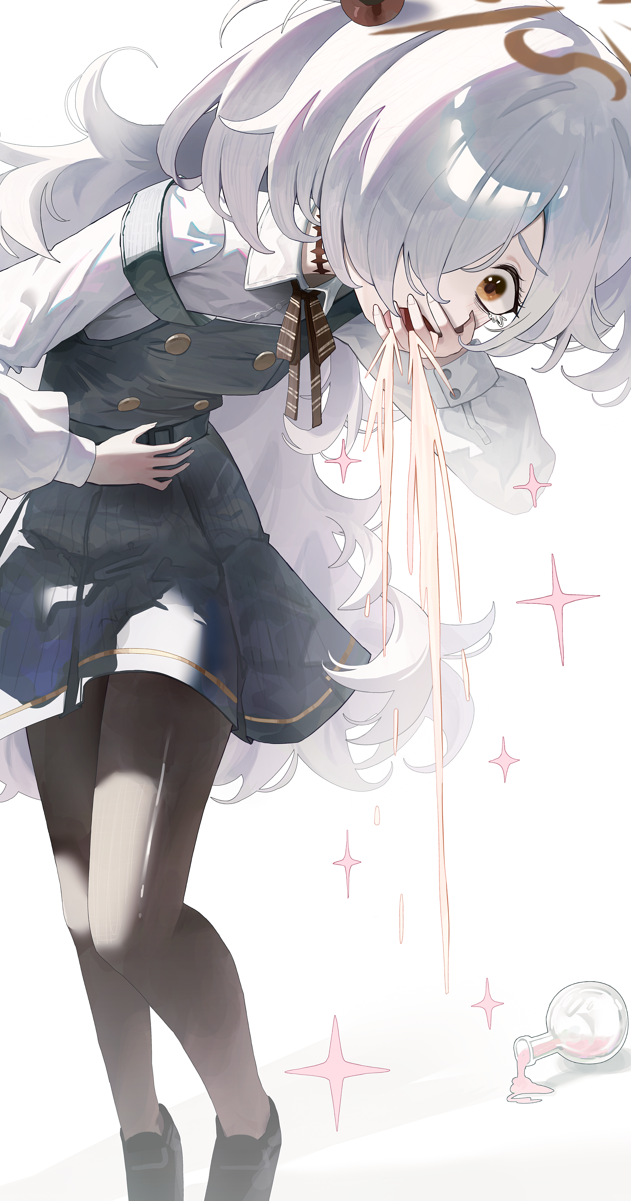 achib, kanoe (blue archive), blue archive, absurdres, highres, 1girl, black dress, black pantyhose, black shoes, bottle, brown halo, brown ribbon, collared shirt, dress, hair bobbles, hair ornament, hair over one eye, halo, hand on own stomach, long hair, neck ribbon, open mouth, orange eyes, pantyhose, ribbon, scar, scar on neck, shirt, shoes, simple background, solo, tears, two side up, vomit, vomiting, white background, white hair, white shirt