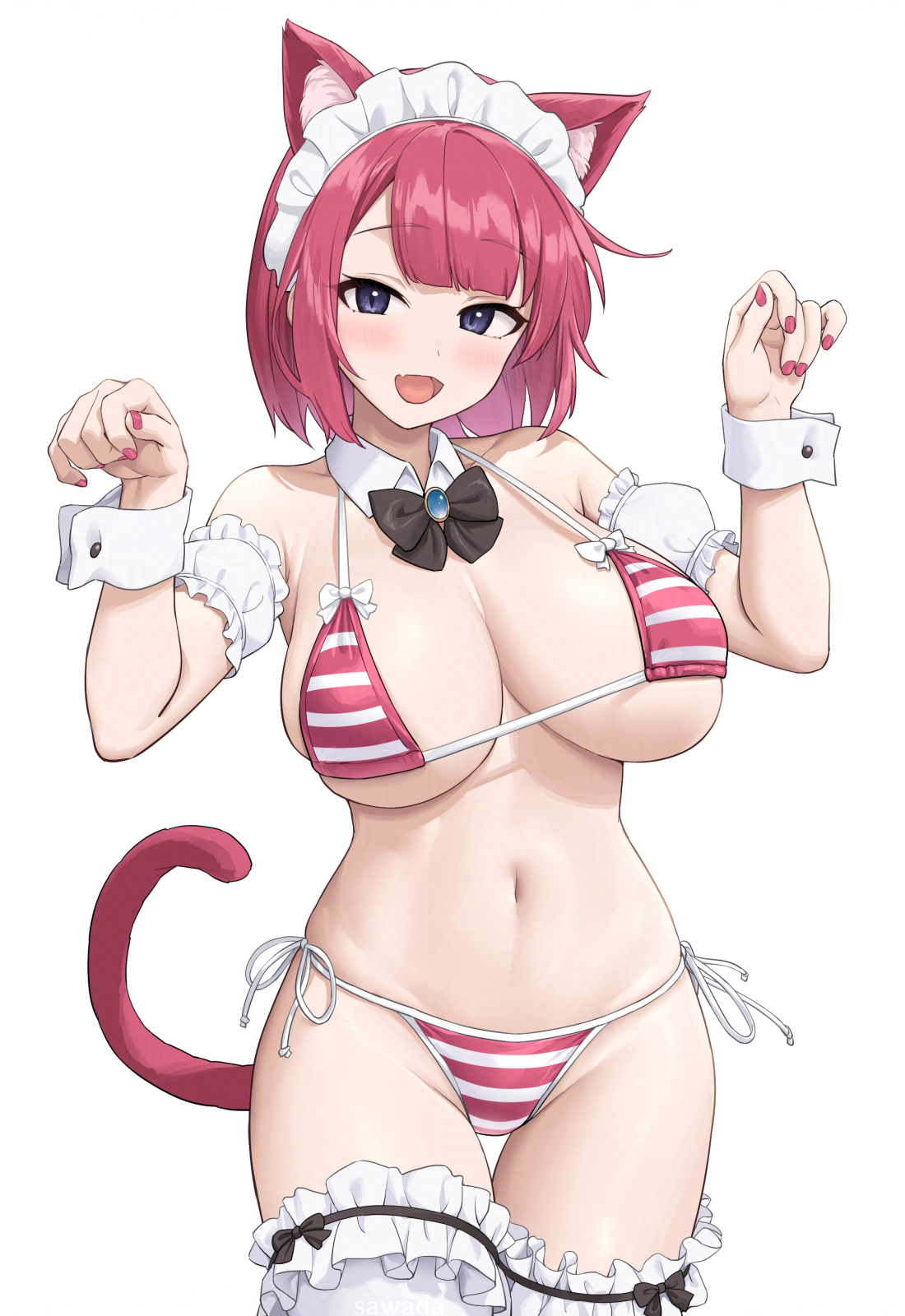 sawada yuusuke, original, commentary request, highres, 1girl, :d, bikini, black bow, black bowtie, blue eyes, bow, bowtie, cowboy shot, detached collar, frilled thighhighs, frills, hands up, looking at viewer, maid, maid bikini, maid headdress, navel, open mouth, pink bikini, pink hair, pink nails, short hair, smile, solo, standing, stomach, striped bikini, striped clothes, swimsuit, thighhighs, thighs, tongue, unconventional maid, white thighhighs, white wrist cuffs, wrist cuffs