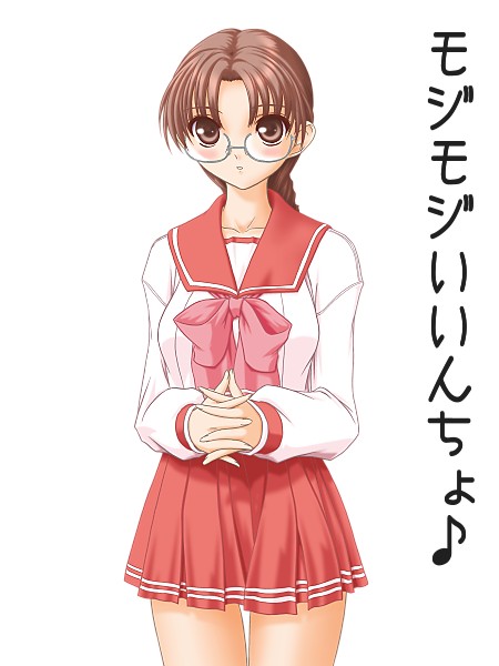 t2r, hoshina tomoko, to heart, to heart (series), 1girl, blush, bow, bowtie, braid, brown eyes, brown hair, collarbone, female focus, glasses, long hair, long sleeves, looking at viewer, musical note, own hands clasped, own hands together, pleated skirt, red bow, red bowtie, red skirt, rimless eyewear, shirt, simple background, single braid, skirt, solo, thigh gap, white background, white shirt
