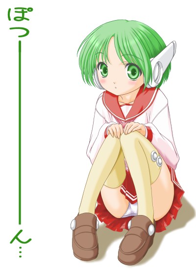 t2r, multi (to heart), to heart, to heart (series), clothes between thighs, full body, green eyes, green hair, panties, robot ears, school uniform, serafuku, short hair, solo, thighhighs, underwear