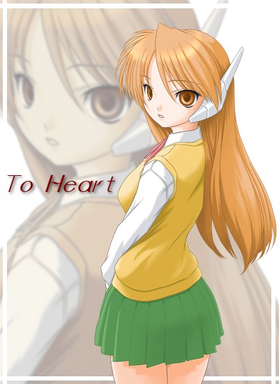 t2r, serio (to heart), to heart, to heart (series), 1girl, female focus, from behind, headgear, long sleeves, looking at viewer, looking back, orange eyes, orange hair, pleated skirt, school uniform, serafuku, shirt, skirt, solo, sweater vest, thighs, white shirt, zoom layer