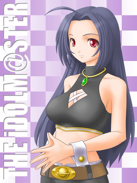 t2r, miura azusa, idolmaster, idolmaster (classic), idolmaster 1, 00s, 1girl, ahoge, bare shoulders, blue hair, breasts, cleavage, cleavage cutout, clothing cutout, cool & sexy (idolmaster), female focus, halterneck, jewelry, large breasts, long hair, midriff, necklace, purple hair, red eyes, sleeveless, sleeveless turtleneck, solo, turtleneck