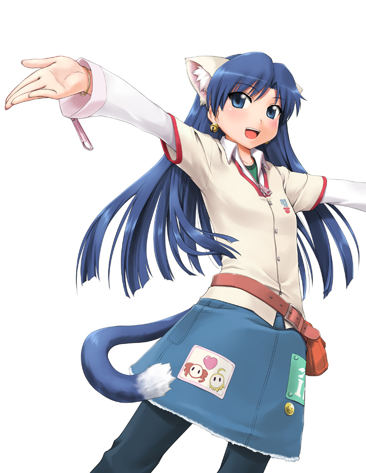 zanzi, kisaragi chihaya, idolmaster, idolmaster (classic), idolmaster 1, 00s, 1girl, animal ears, bell, belt, blue eyes, blue hair, bracelet, cat ears, cat tail, dutch angle, female focus, heart, jewelry, jingle bell, long hair, matching hair/eyes, open mouth, simple background, solo, tail, white background