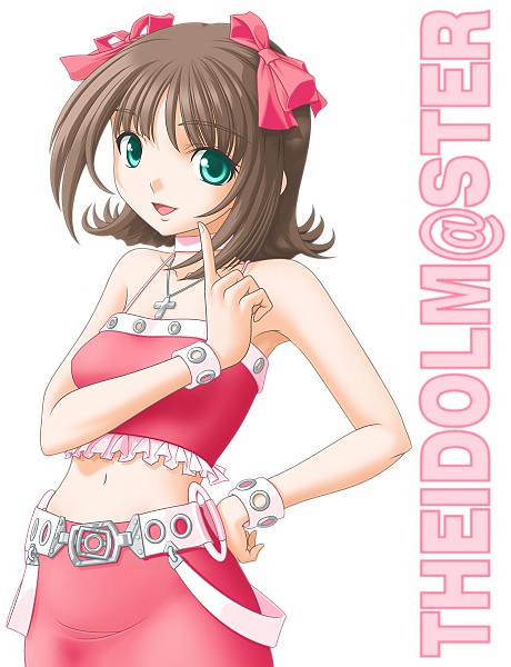 t2r, amami haruka, idolmaster, idolmaster (classic), idolmaster 1, 00s, 1girl, belt, bracelet, brown hair, choker, cool & sexy (idolmaster), copyright name, cross, cross necklace, female focus, green eyes, hair ribbon, jewelry, midriff, navel, necklace, open mouth, ribbon, simple background, skirt, solo, white background