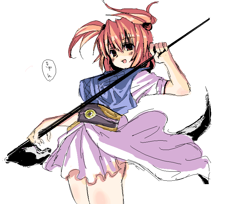 onozuka komachi, touhou, 1girl, blush, female focus, oekaki, open mouth, scythe, sketch, solo, twintails, two side up, white background