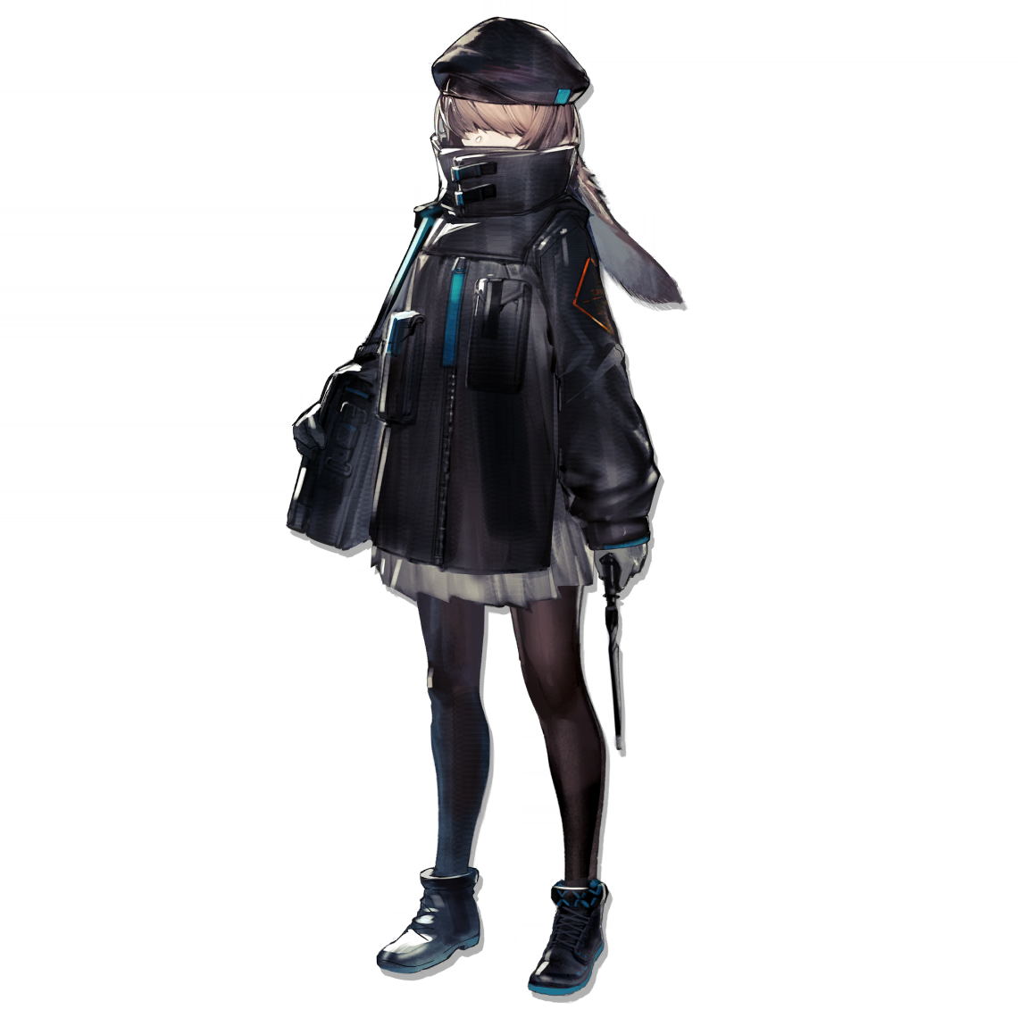 yui (niikyouzou), infection monitor (arknights), reserve operator caster (arknights), arknights, official art, third-party source, 1girl, animal ears, bag, black hat, black jacket, black pantyhose, black theme, brown hair, covered eyes, covered mouth, drop shadow, faceless, faceless female, full body, grey skirt, hat, holding, holding wand, jacket, long sleeves, lop rabbit ears, pantyhose, rabbit ears, rhodes island uniform, shoulder bag, simple background, skirt, solo, standing, tachi-e, transparent background, wand